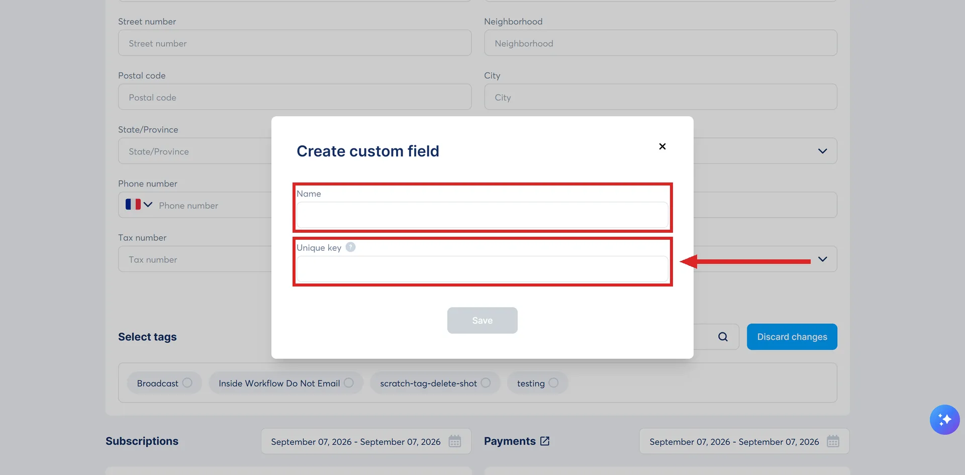 The Create custom field dialog in systeme.io, with the Name and Unique key fields highlighted.