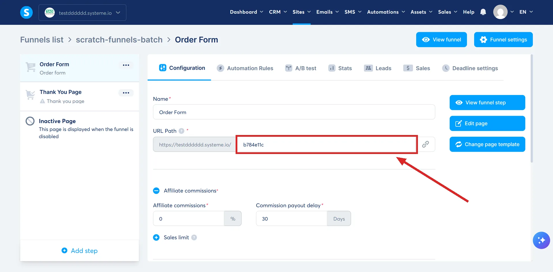The settings for a funnel page in systeme.io, with the editable URL path box highlighted beside the greyed-out domain.