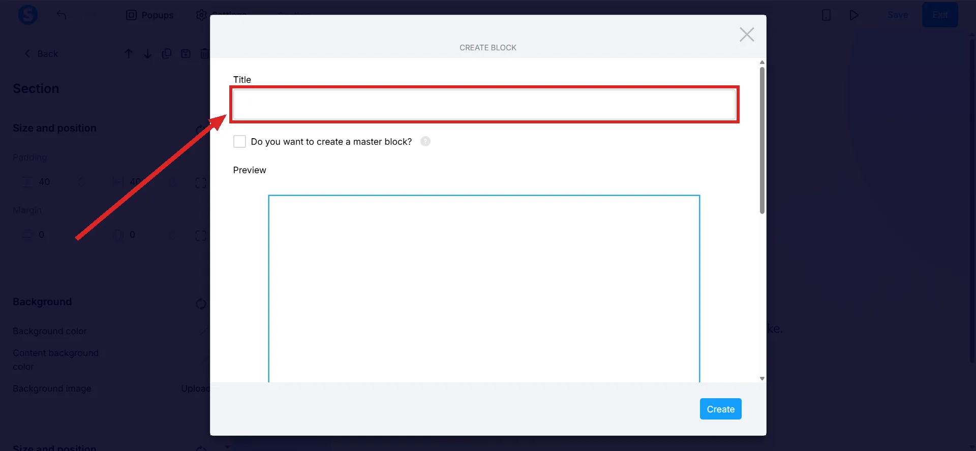 The Create block dialog over the dimmed systeme.io editor, with the empty Title field highlighted.
