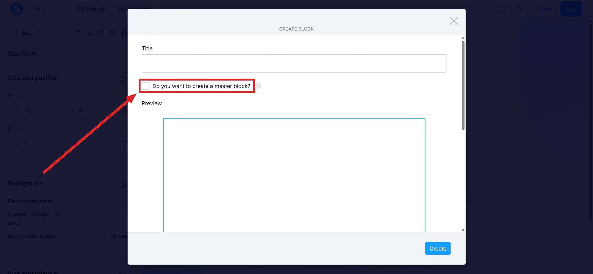 The Create block dialog, with the master block tick box highlighted below the Title field.