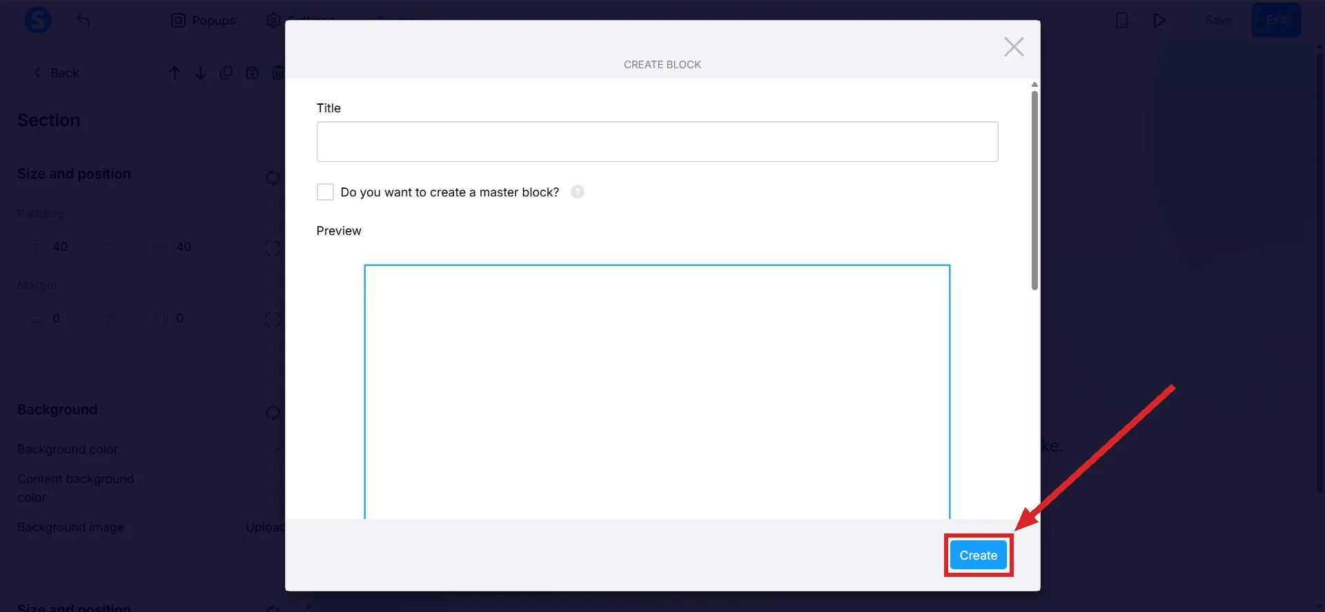 The Create block dialog, with the blue Create button highlighted.