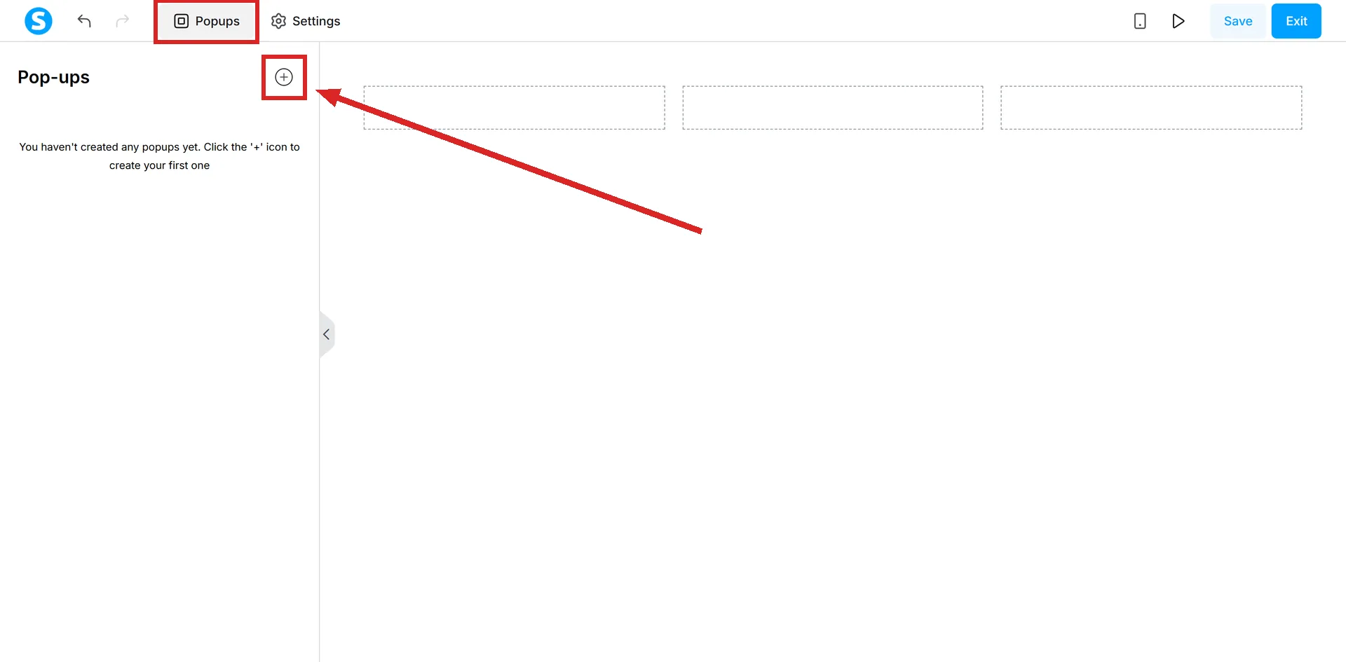 The systeme.io page editor with the Popups panel open, and the Popups button and the plus icon highlighted.