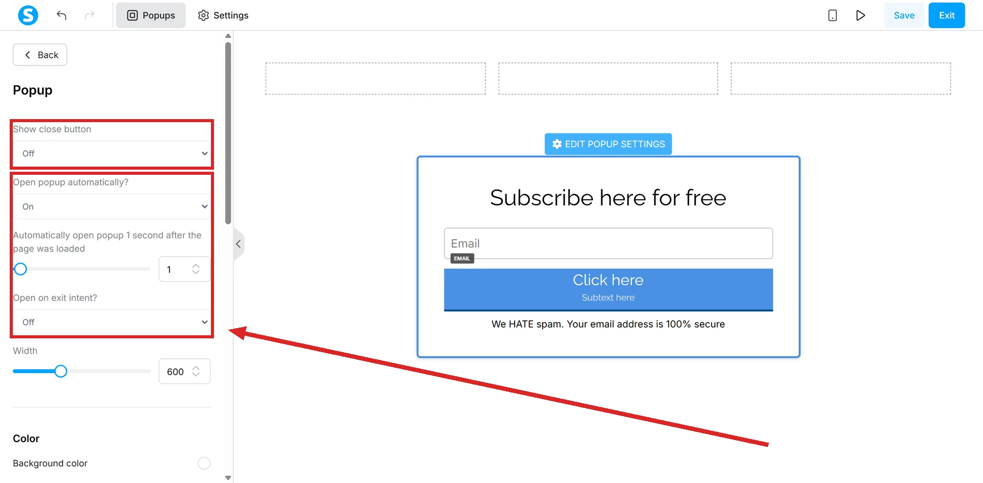 A popup's settings panel in systeme.io, with the three triggers and the Show close button setting highlighted.