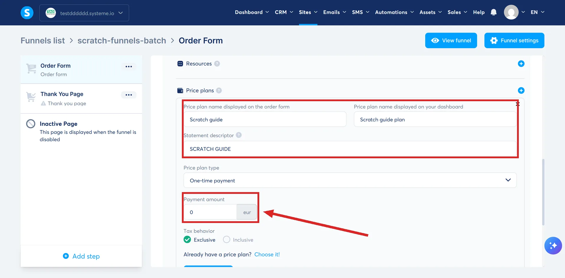 The new price plan form in systeme.io, with the naming block and the Payment amount field highlighted.