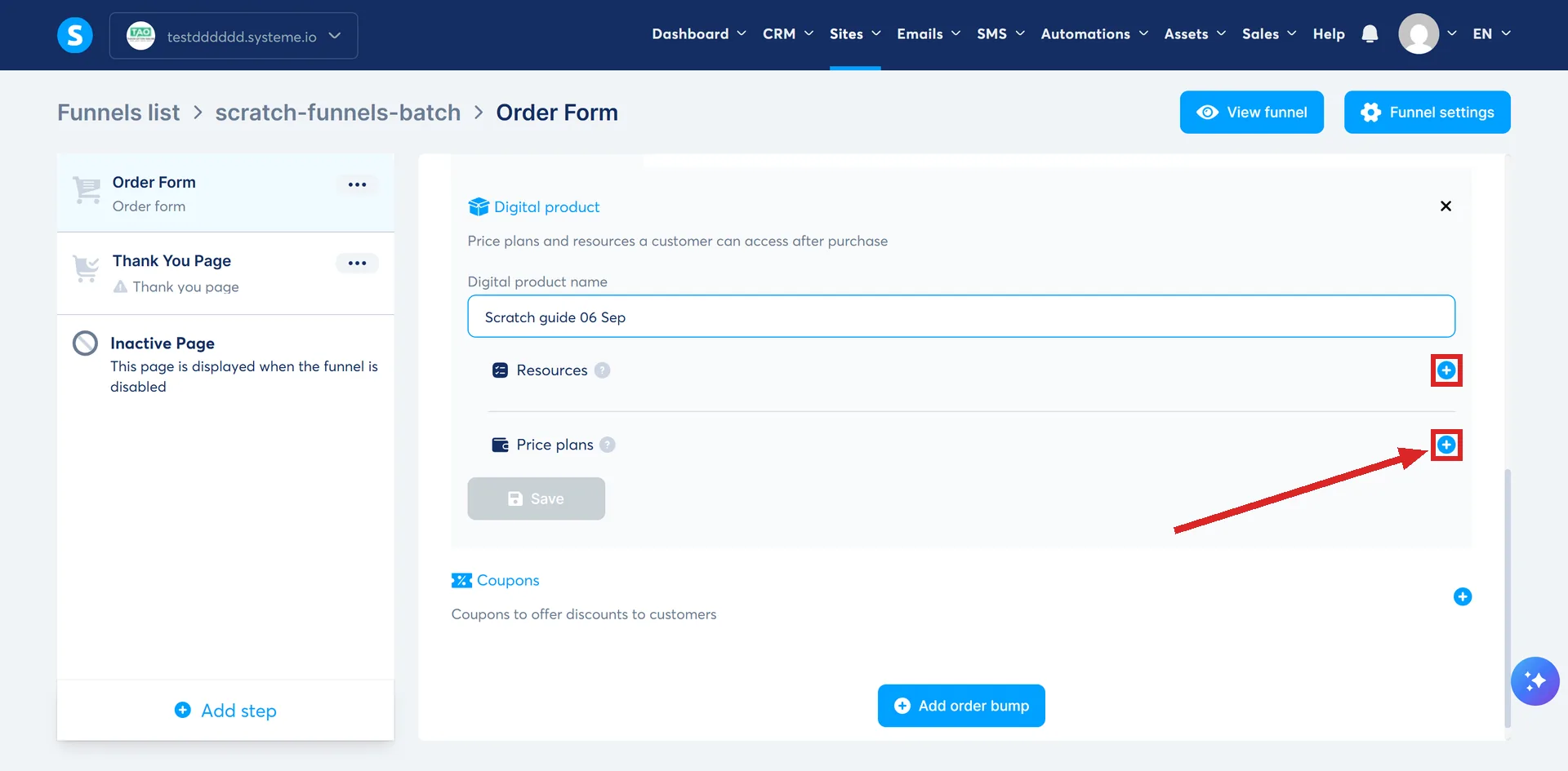 The digital product block on a systeme.io order form step, with two plus icons highlighted.