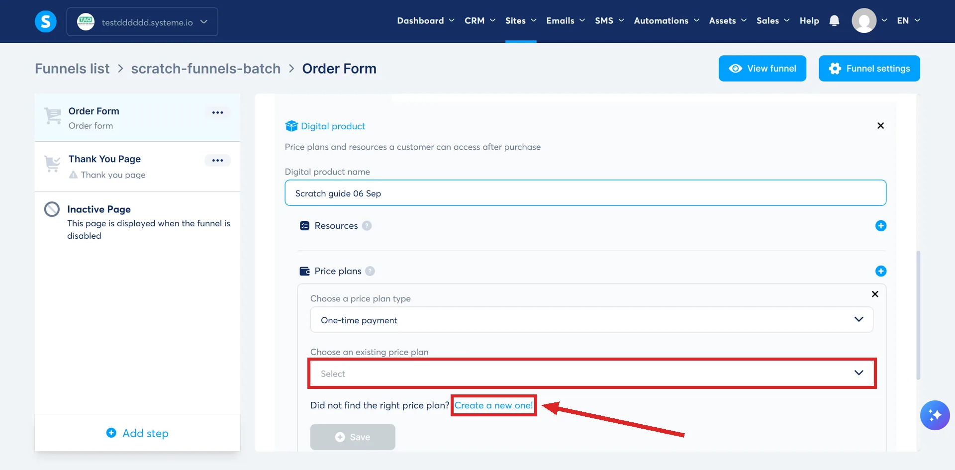 The menu opened from the price plan plus icon in systeme.io, with the Choose an existing price plan dropdown and the Create a new one link highlighted.
