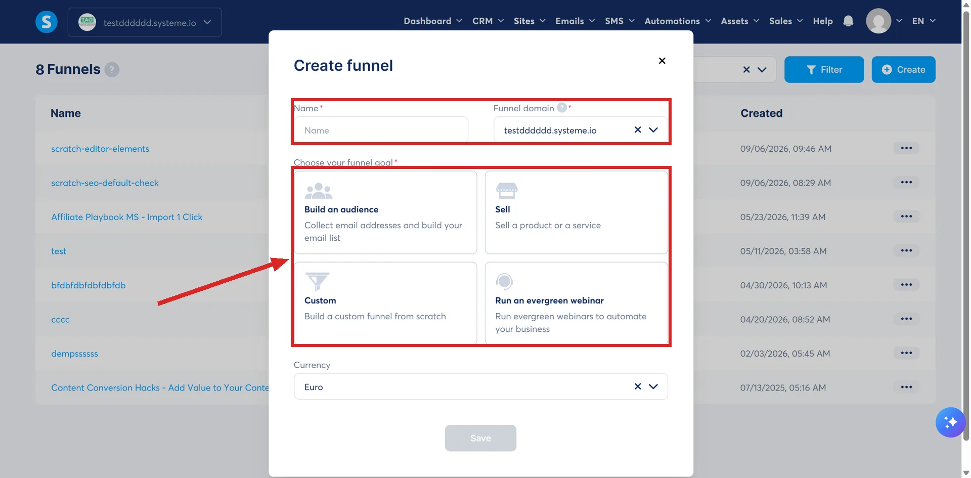 The Create funnel dialog in systeme.io, with the Name and Funnel domain fields and the four funnel goals highlighted.