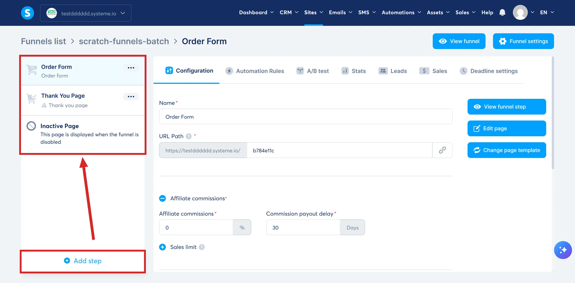 A funnel open in systeme.io, with its list of steps and the Add step control highlighted.