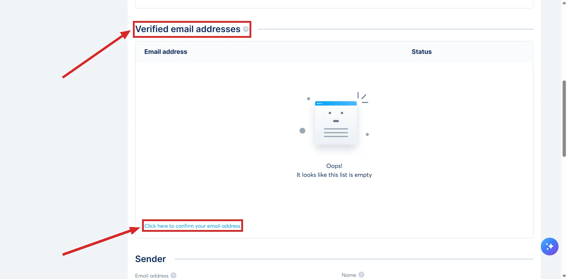 The Verified email addresses section under Settings, then Emails, in systeme.io, with the Click here to confirm your email address link highlighted.