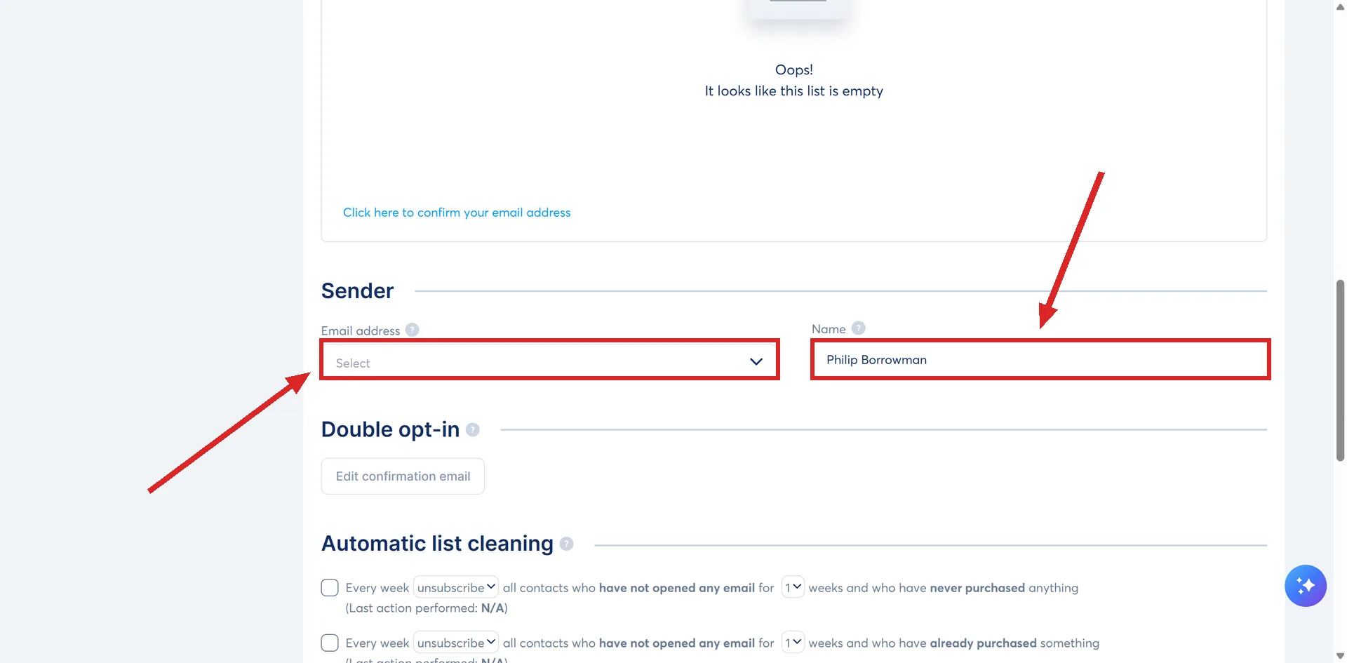 The Sender section on the systeme.io Settings, Emails page, with the Email address and Name fields highlighted.