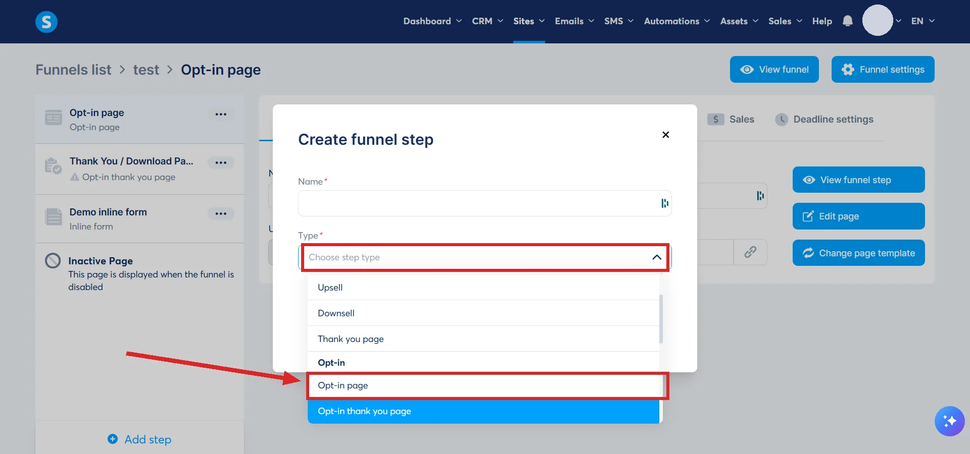 The Create funnel step box in systeme.io, with the Type field and the Opt-in page entry highlighted.