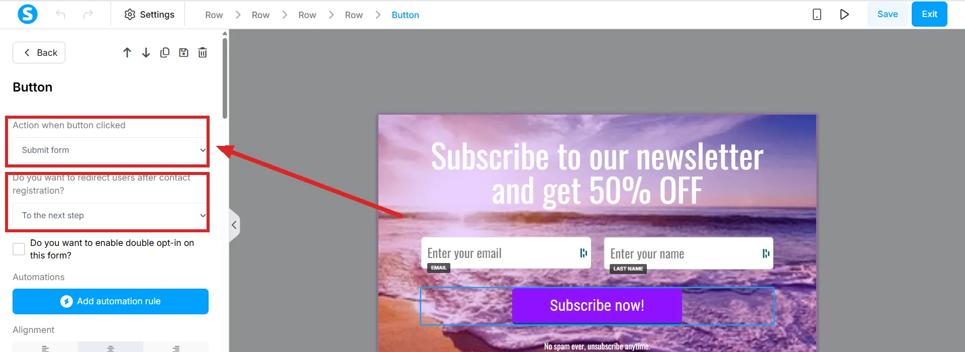 The systeme.io page editor with the form's button selected, and two of its settings highlighted.