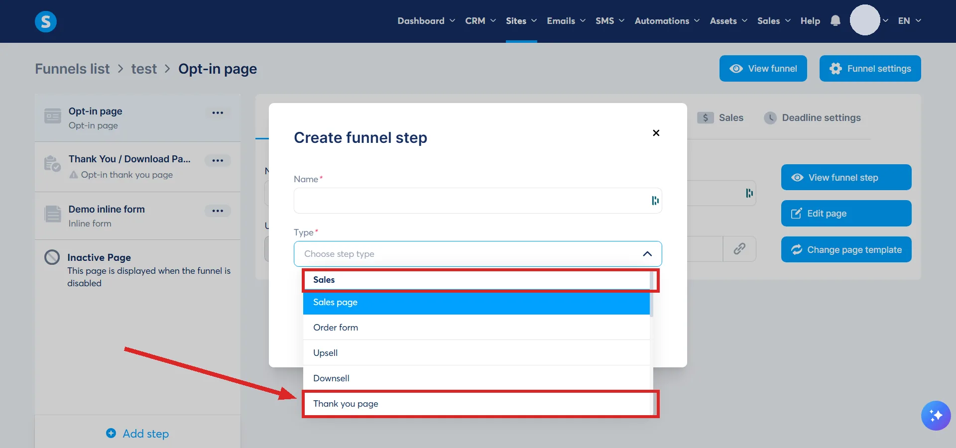 The Create funnel step box in systeme.io, with the Sales heading and the Thank you page entry highlighted.