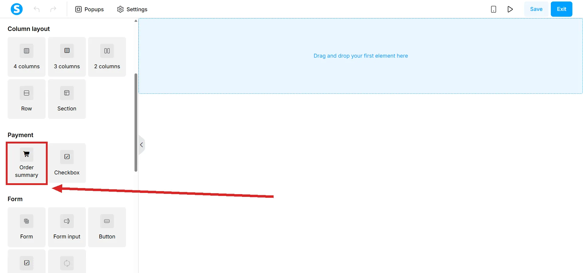 The systeme.io page editor's elements panel, with the Order summary tile highlighted.