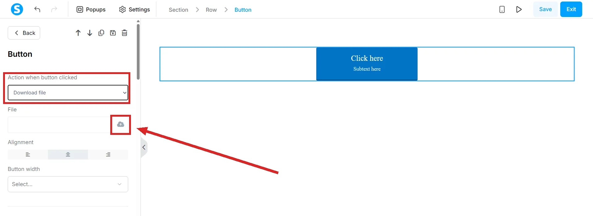 The systeme.io page editor with a button selected, and the Download file action and the File row's upload icon highlighted.