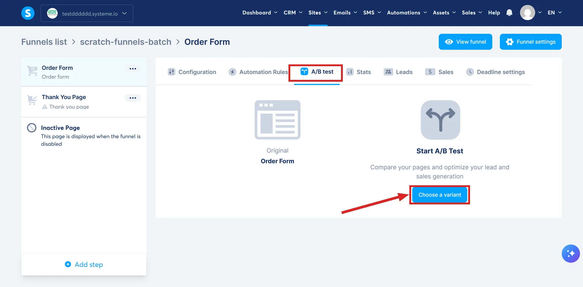 The A/B test tab on a systeme.io funnel step, with the tab and the Choose a variant control highlighted.
