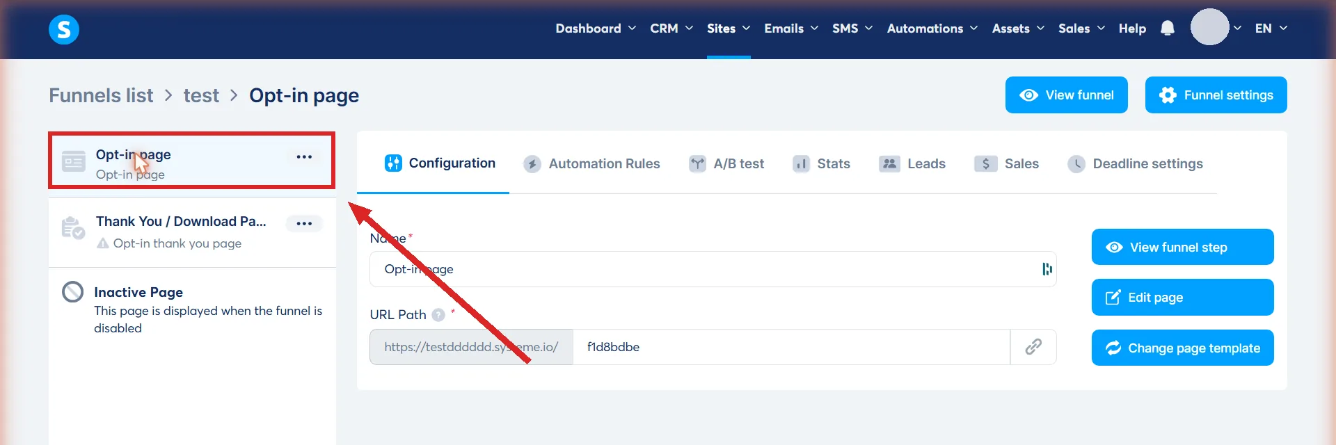 A systeme.io sales funnel open on its steps, with the Opt-in page highlighted at the top of the list.