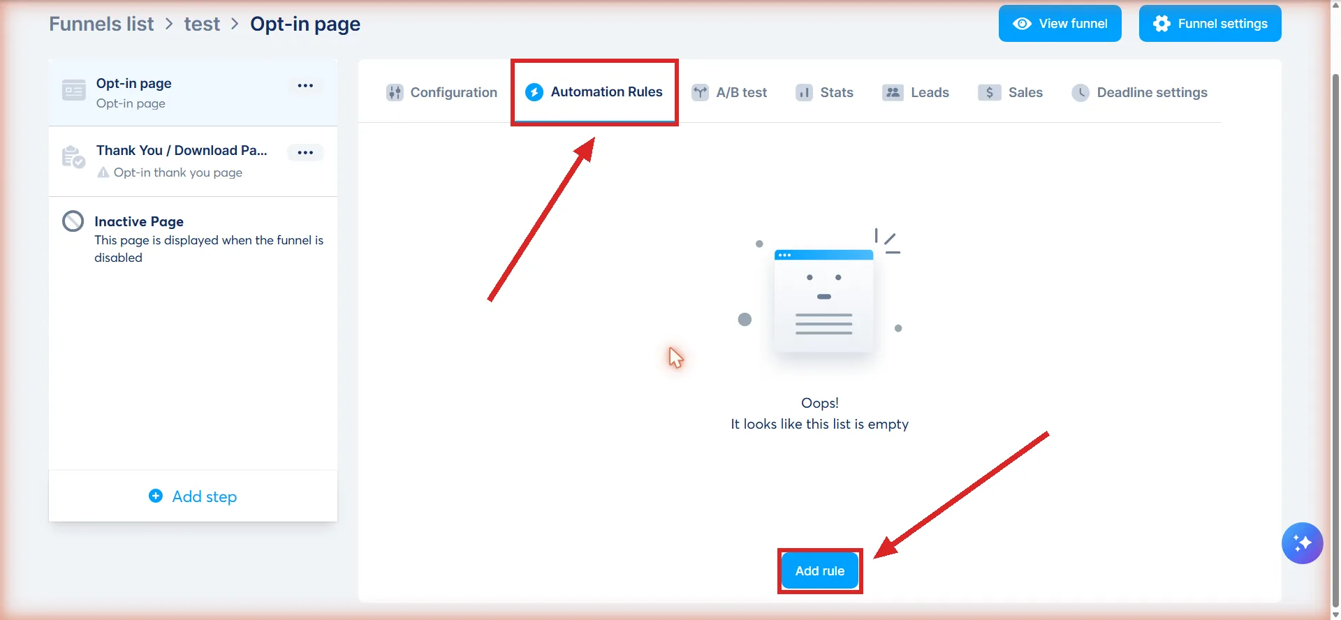 The same funnel, with the Automation Rules tab and the Add rule button highlighted.