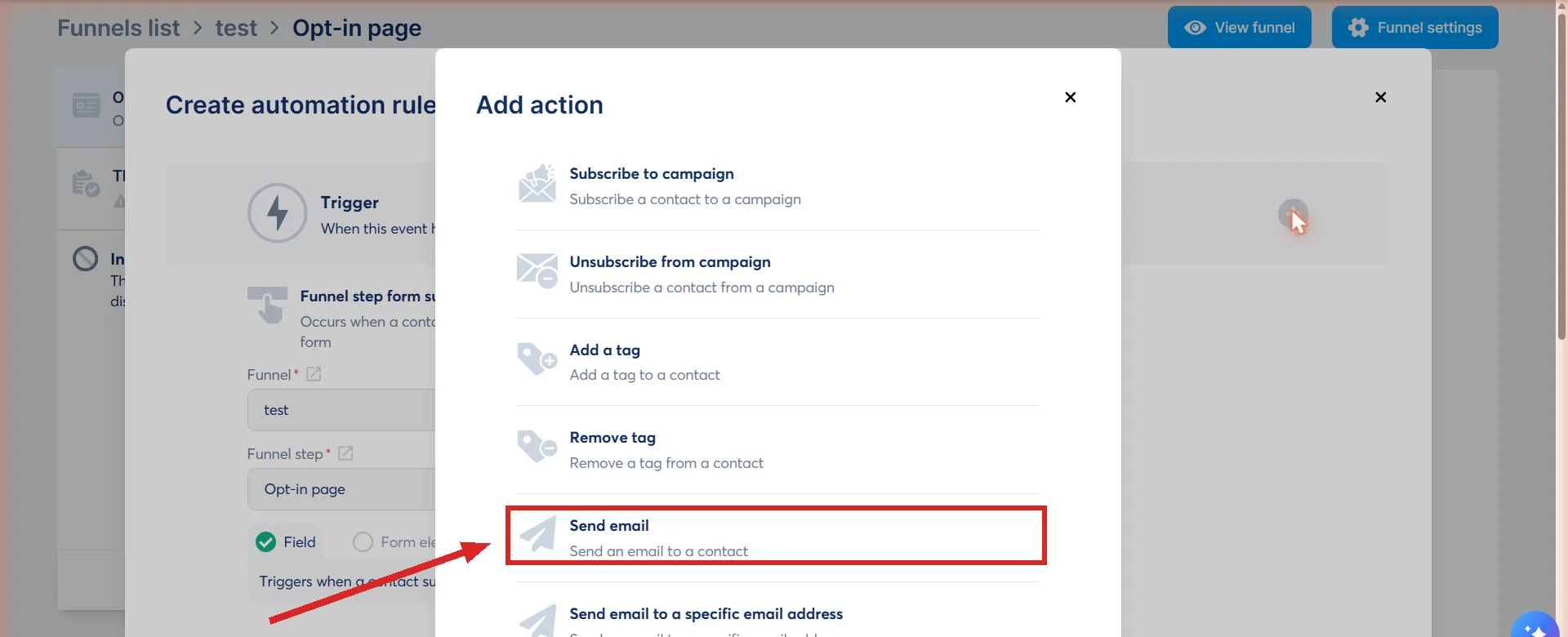 The Add action list in a systeme.io automation rule, with Send email highlighted.