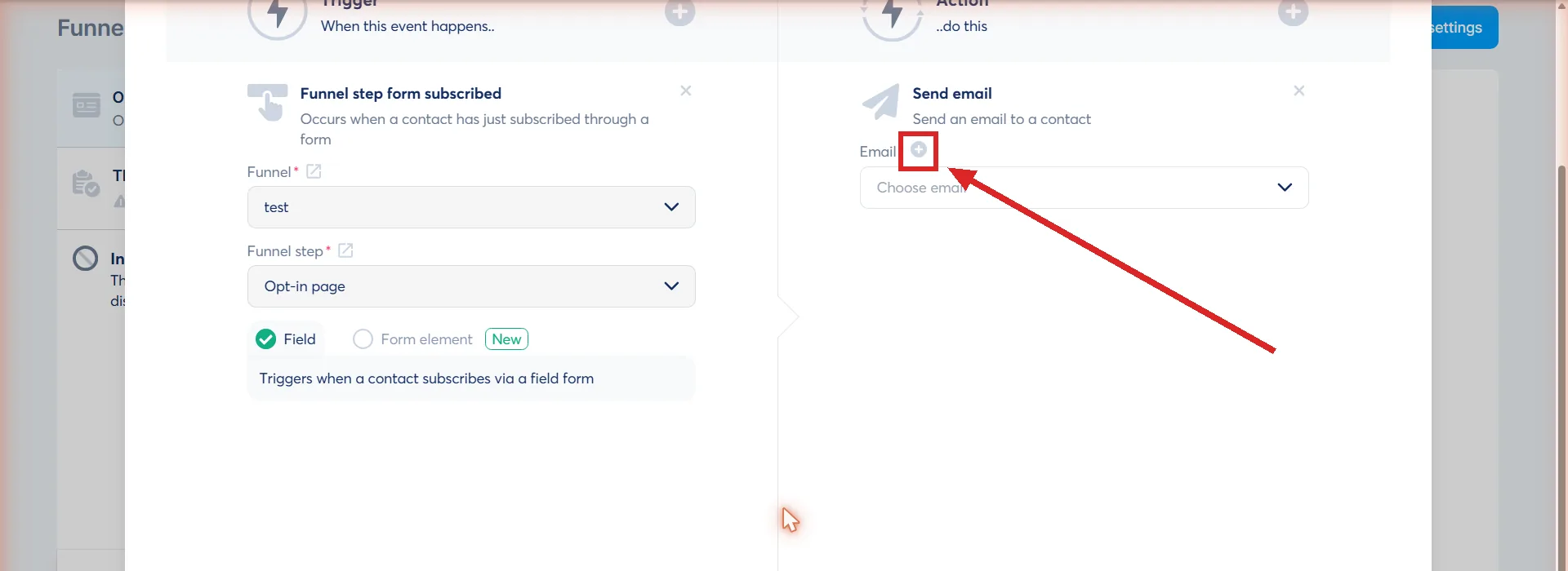 A systeme.io automation rule with its trigger and action filled in, and the plus icon beside Email highlighted.
