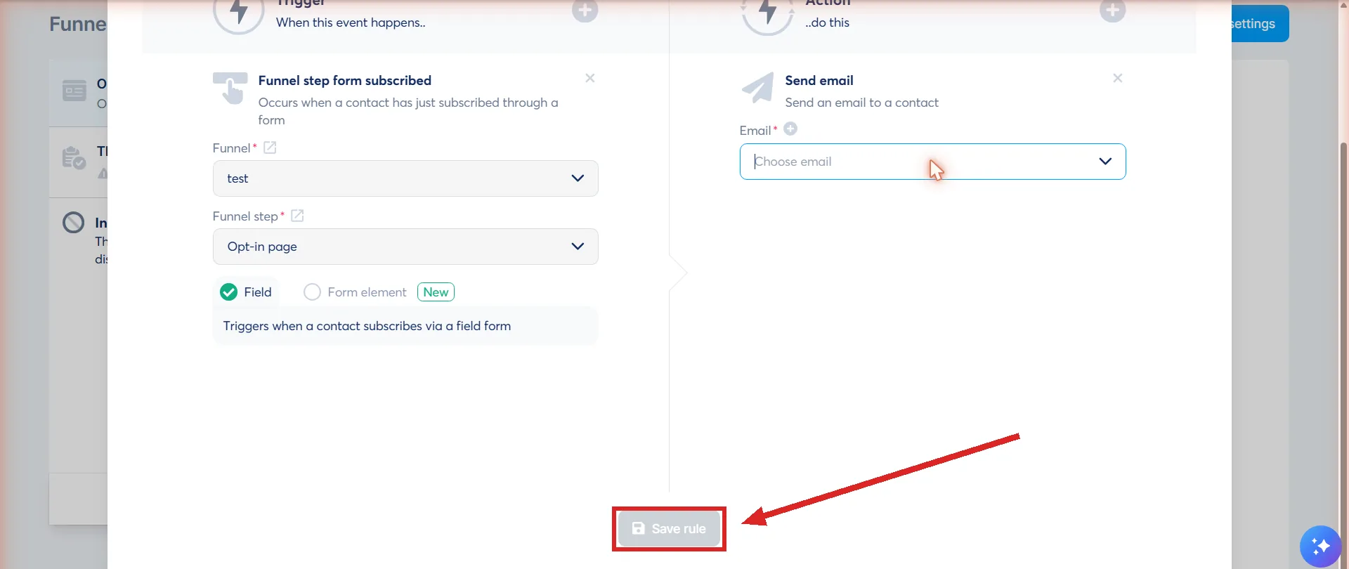 The bottom of the automation rule dialog, with the greyed-out Save rule button highlighted.
