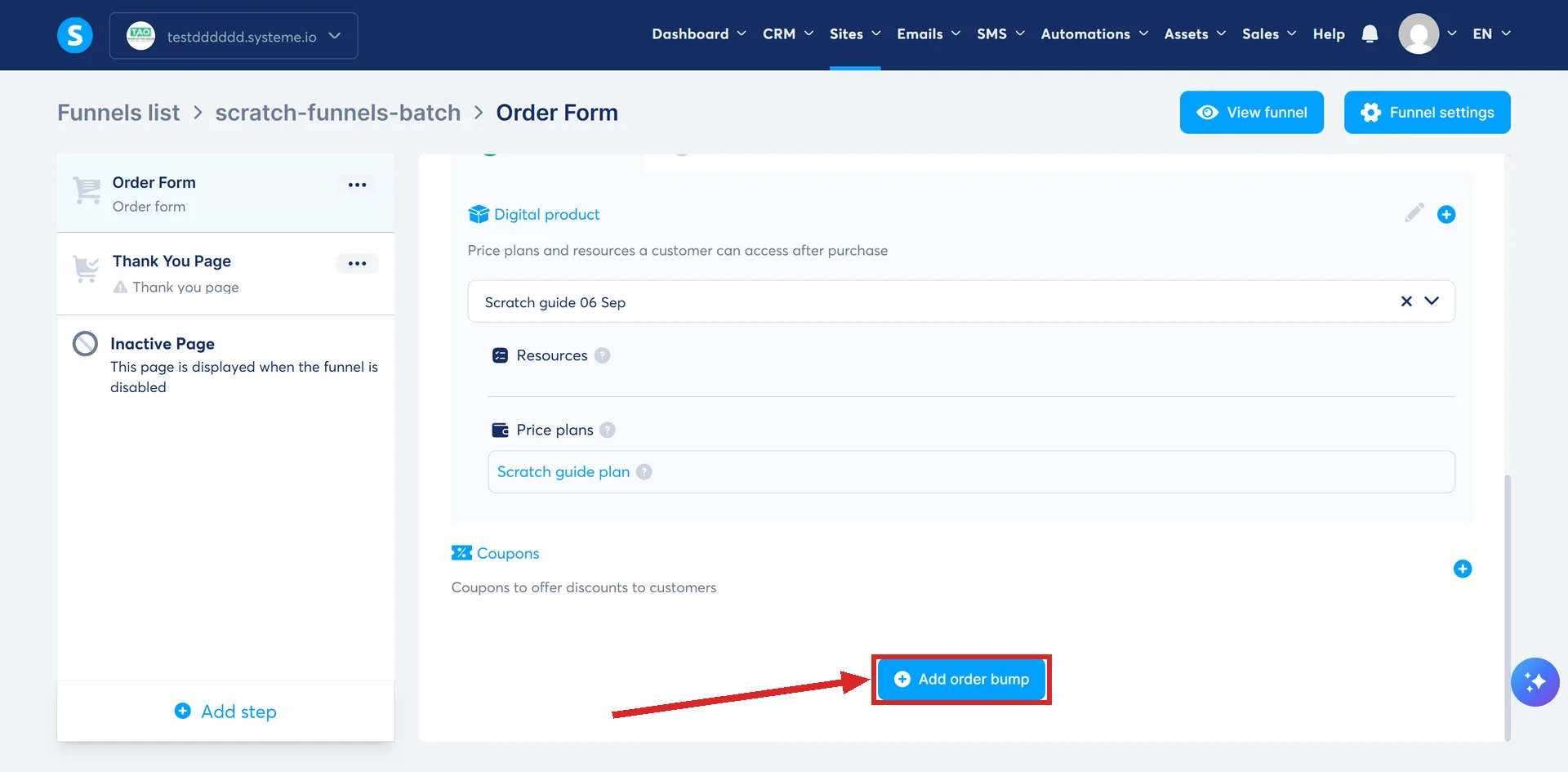 The settings screen for a systeme.io order form step, with the blue Add order bump button highlighted at its foot.
