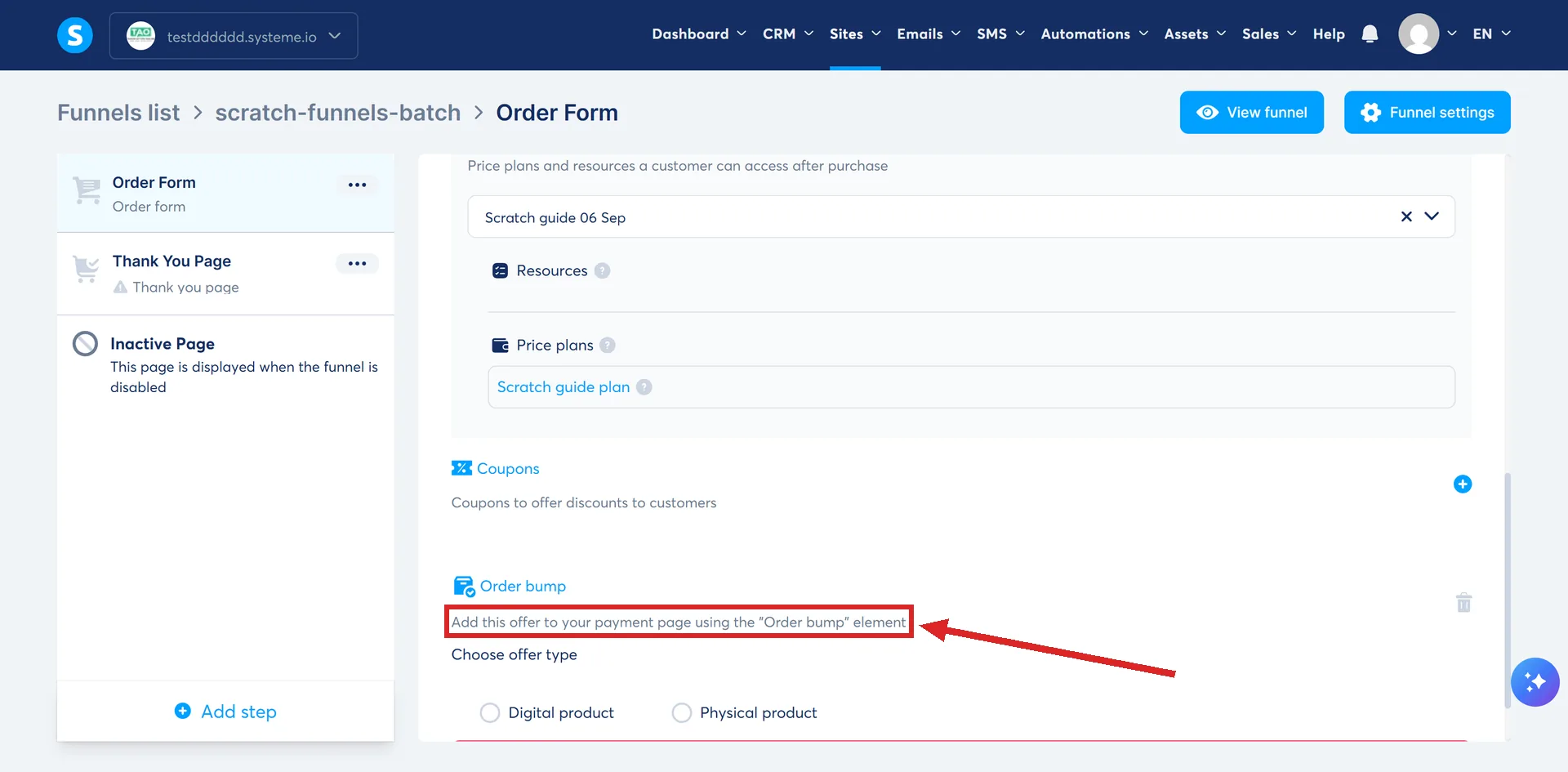 The Order bump block on a systeme.io order form step, with its instruction line highlighted.