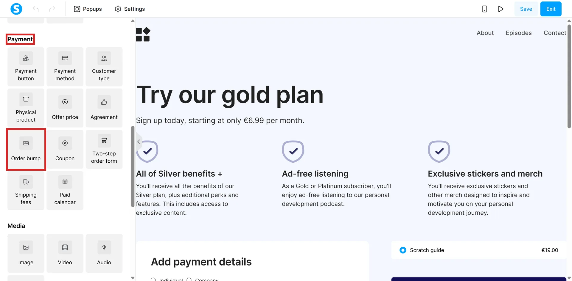 The systeme.io page editor's element panel, with the Payment group and its Order bump tile highlighted.