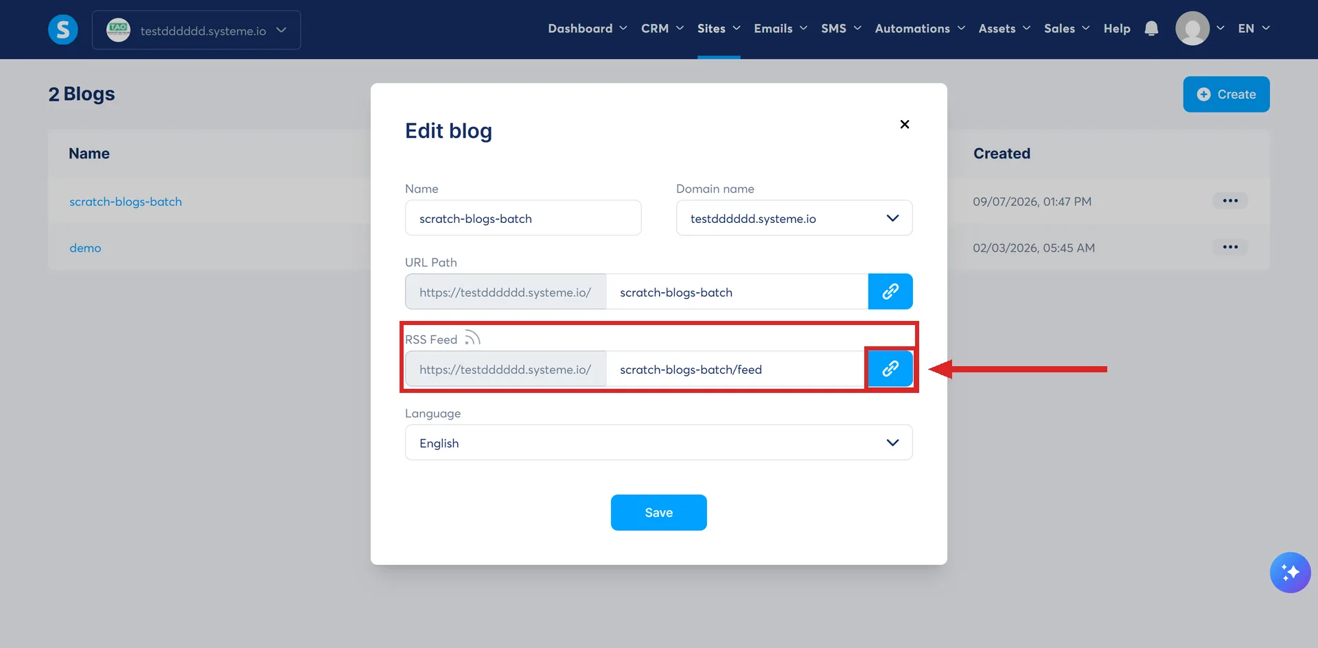 The Edit blog popup in systeme.io, with the RSS Feed field and its copy icon highlighted.