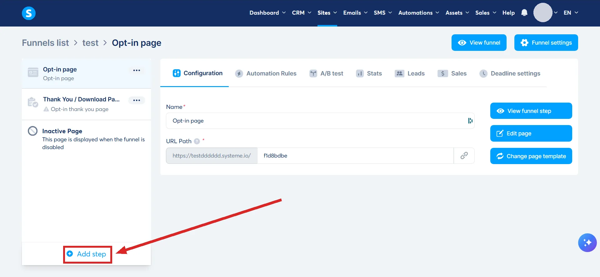 A systeme.io sales funnel open on its steps, with Add step highlighted at the foot of the list.