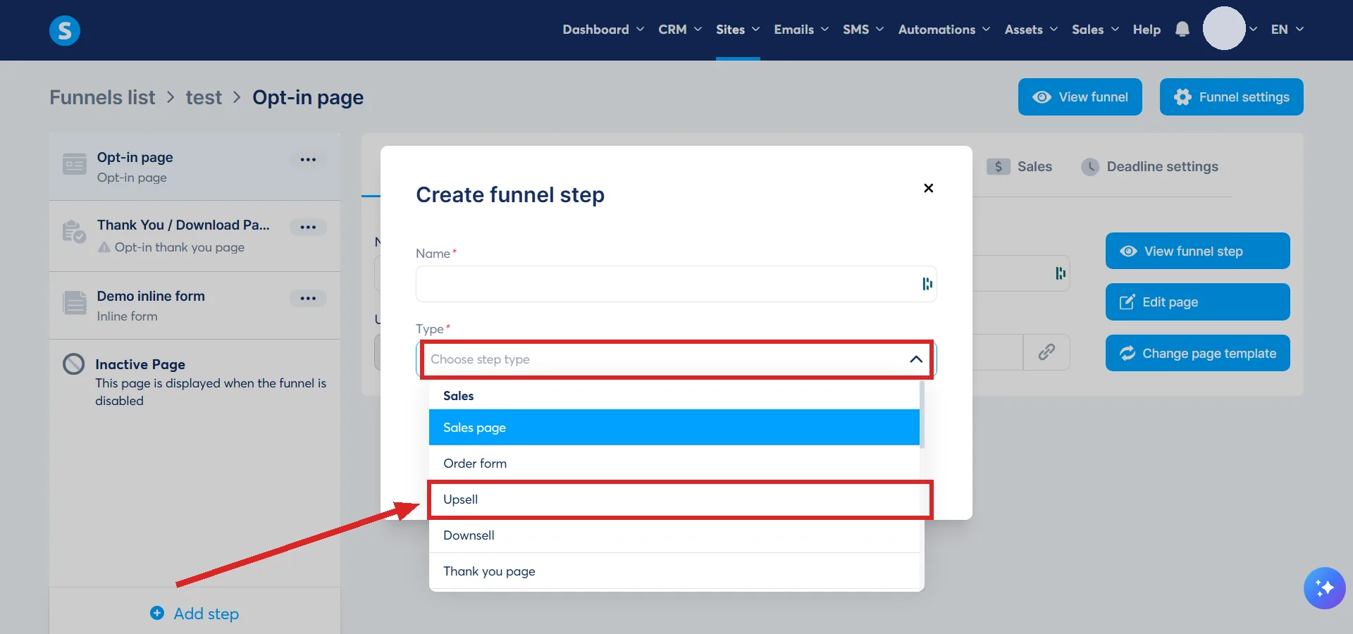 The Create funnel step box in systeme.io, with the Type field and the Upsell entry highlighted.