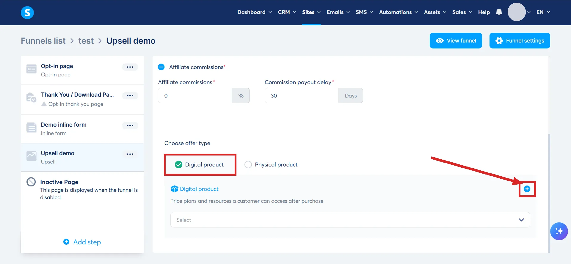 The configuration pane of a systeme.io upsell step, with the ticked Digital product option and a small blue plus icon highlighted.