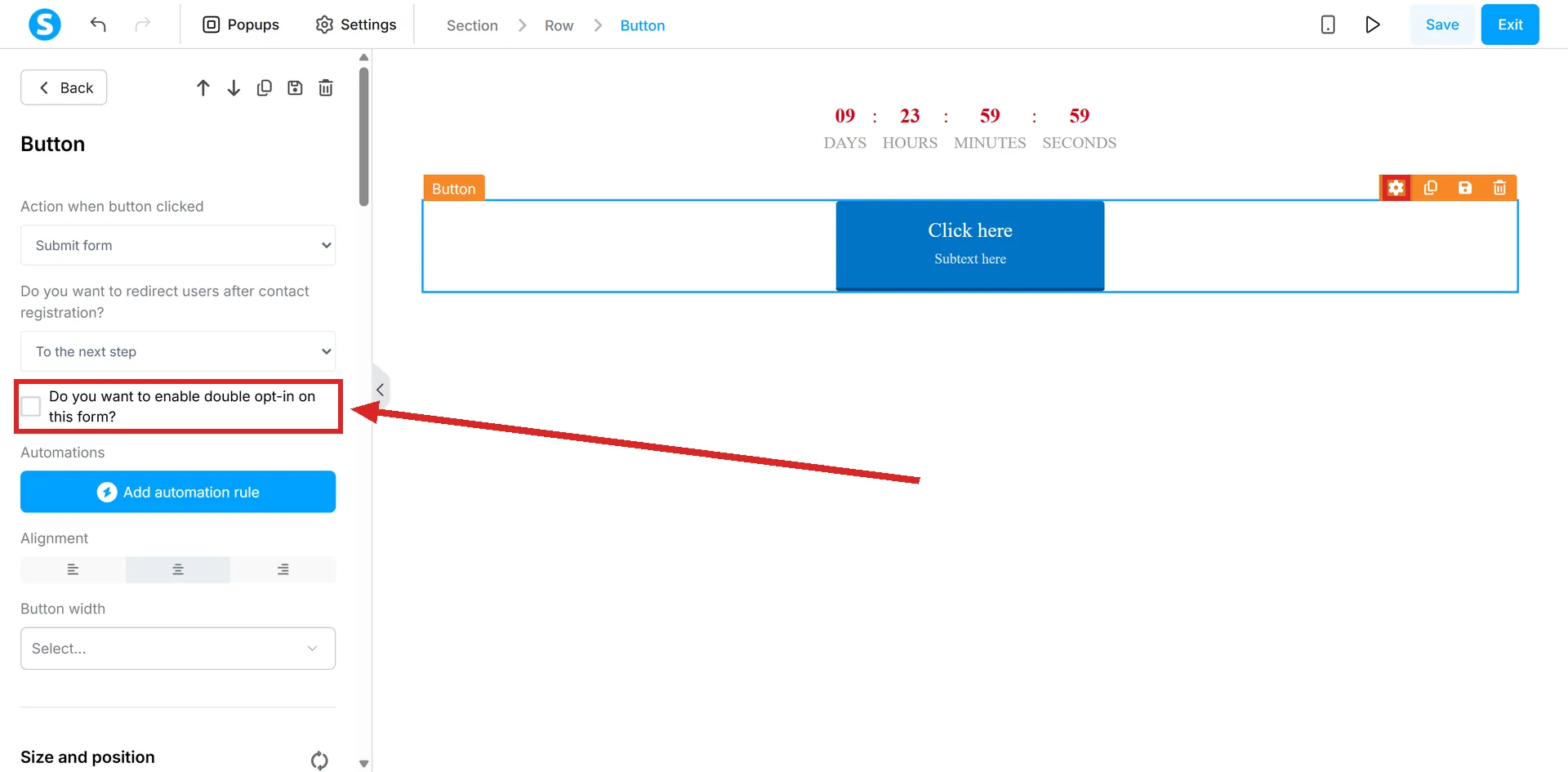 The systeme.io page editor with a button selected on an opt-in page, and its settings cog and the double opt-in tick box highlighted.