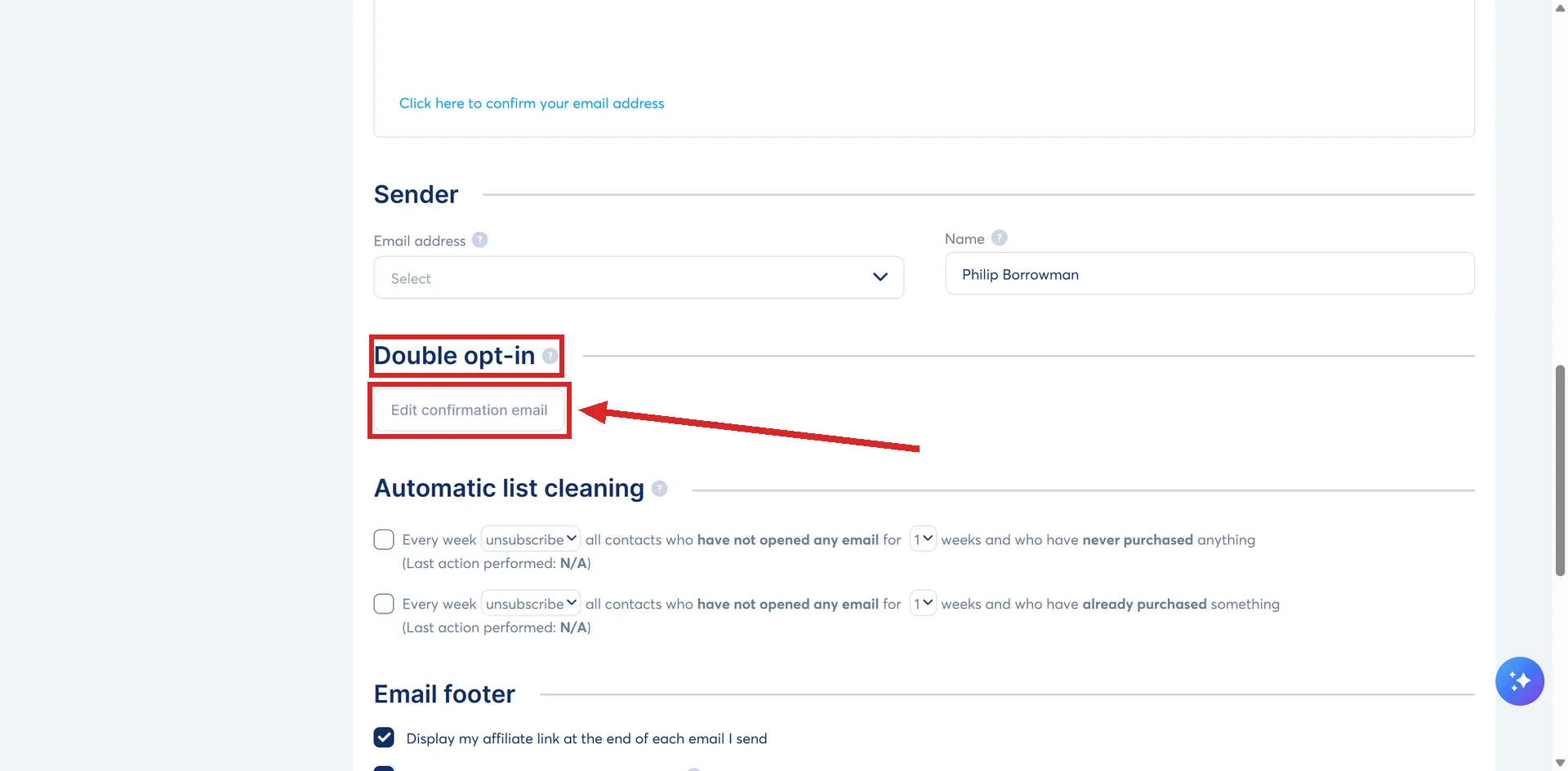 The Emails page in systeme.io account settings, with the Double opt-in heading and the Edit confirmation email button highlighted.