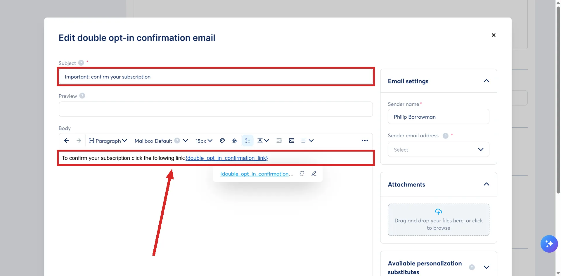 The Edit double opt-in confirmation email window in systeme.io, with the Subject field and the confirmation link line highlighted.