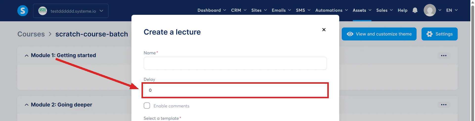 The Create a lecture popup in systeme.io, with the Delay field highlighted.