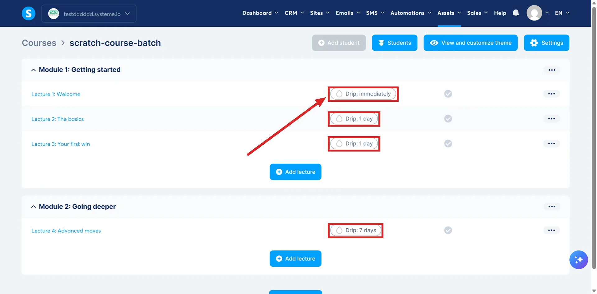 A systeme.io course with drip delays entered, and the drip label on each lecture row highlighted.