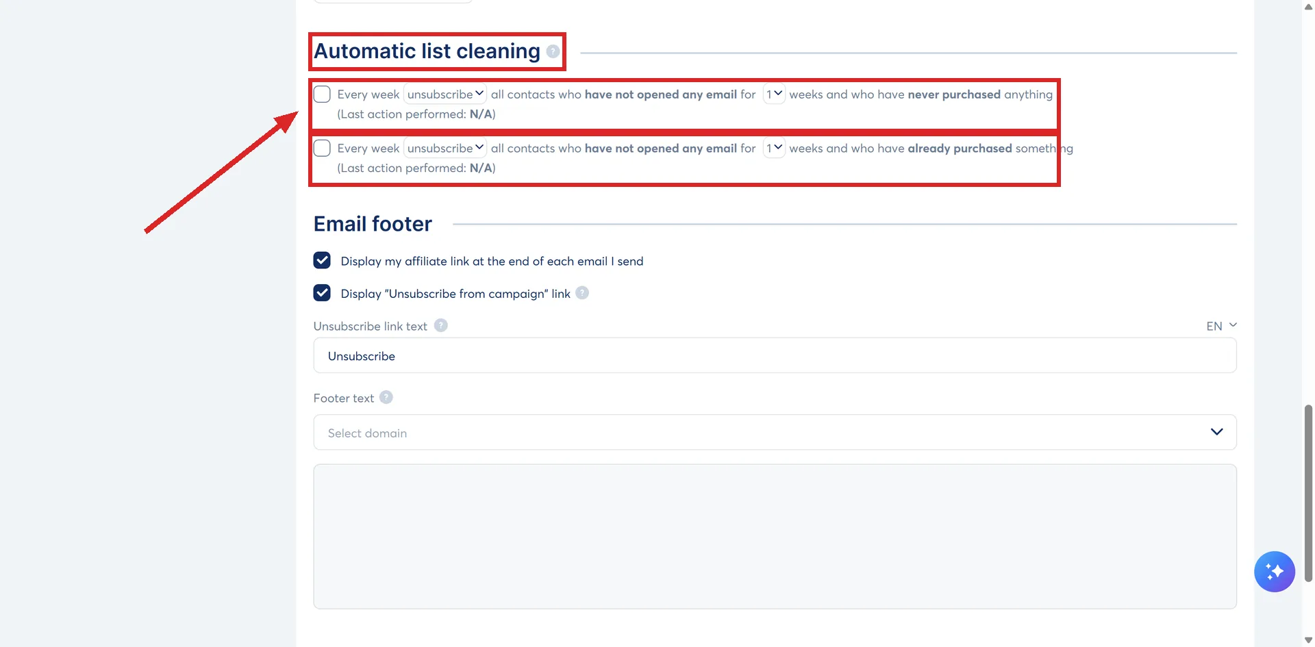 The Automatic list cleaning section at the foot of Settings, then Emails, in systeme.io, with both of its rows highlighted.