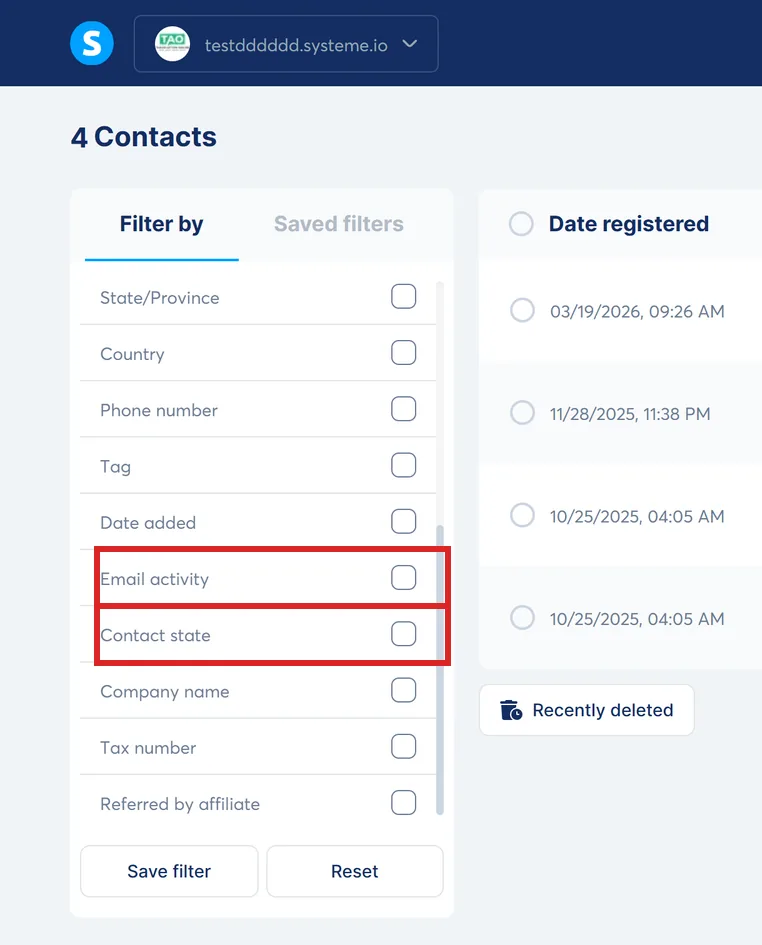 The filter panel on the systeme.io Contacts screen, with the Email activity and Contact state filters highlighted.