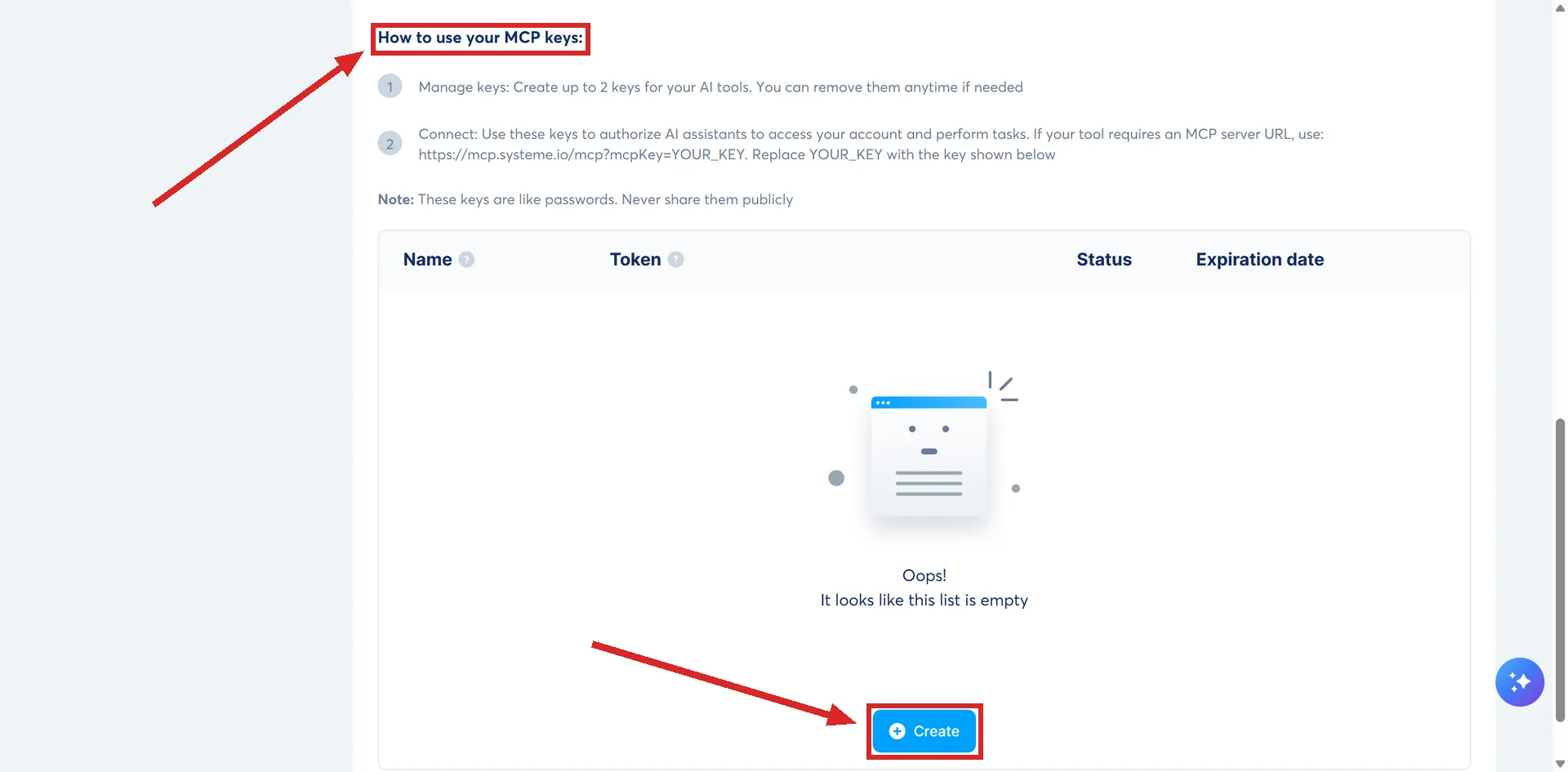 The MCP keys section of the MCP and API keys settings page in systeme.io, with its heading and the blue Create button highlighted.