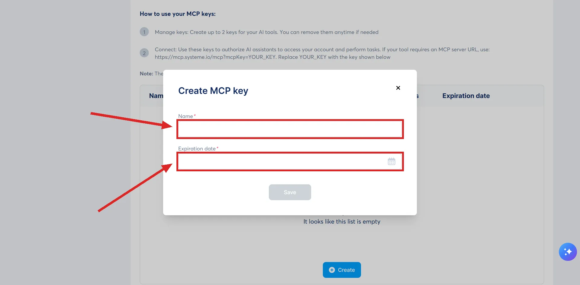 The Create MCP key dialog in systeme.io, with its Name and Expiration date fields highlighted.