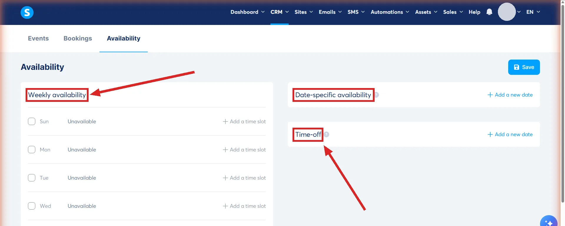 The Availability tab of the systeme.io Calendar screen, with the Weekly availability, Date-specific availability and Time-off headings highlighted.