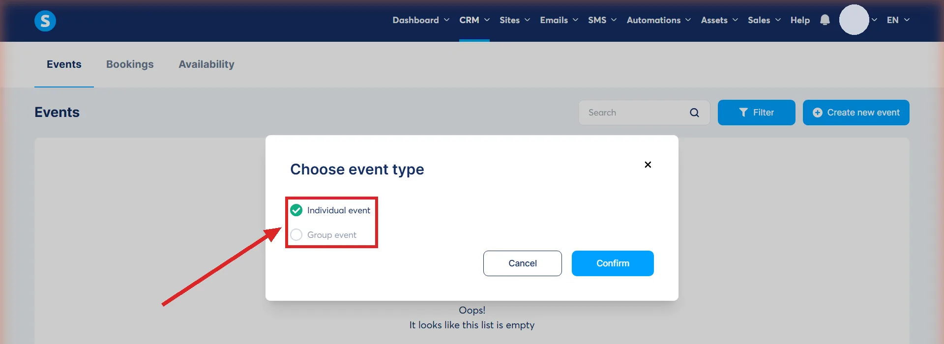 The Choose event type popup over the systeme.io Calendar screen, with its two options highlighted.