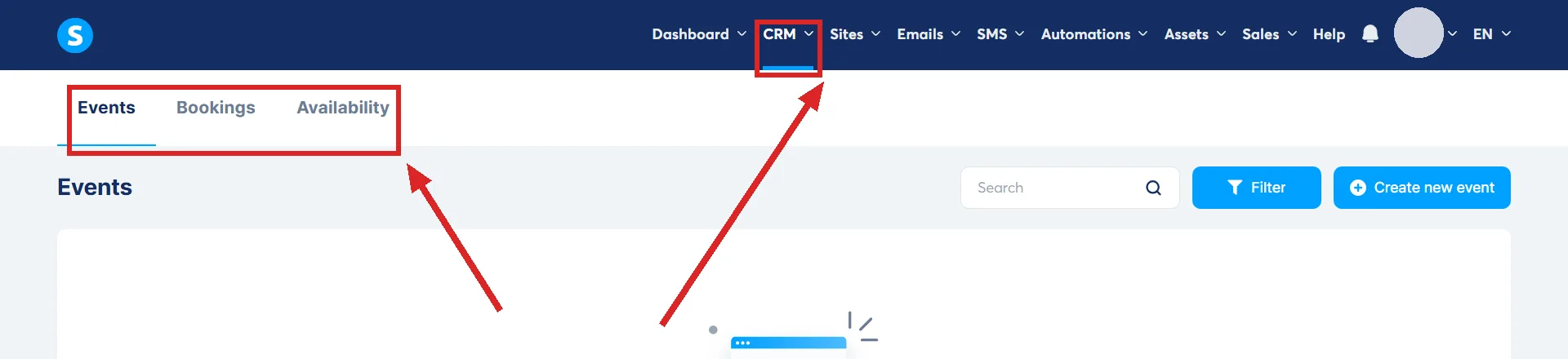 The systeme.io Calendar screen, with CRM in the top navigation and the row of tabs beneath it highlighted.
