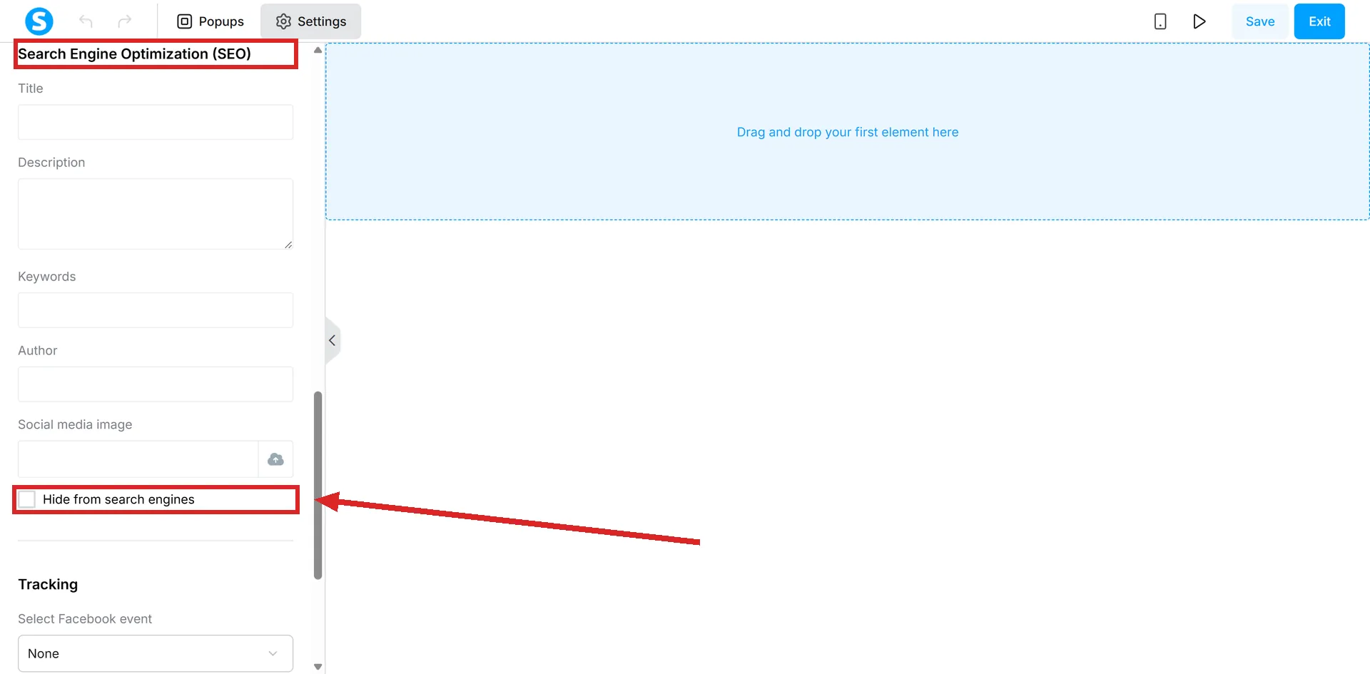 The systeme.io page editor's Settings panel scrolled to Search Engine Optimization, with the heading and the Hide from search engines tick box highlighted.