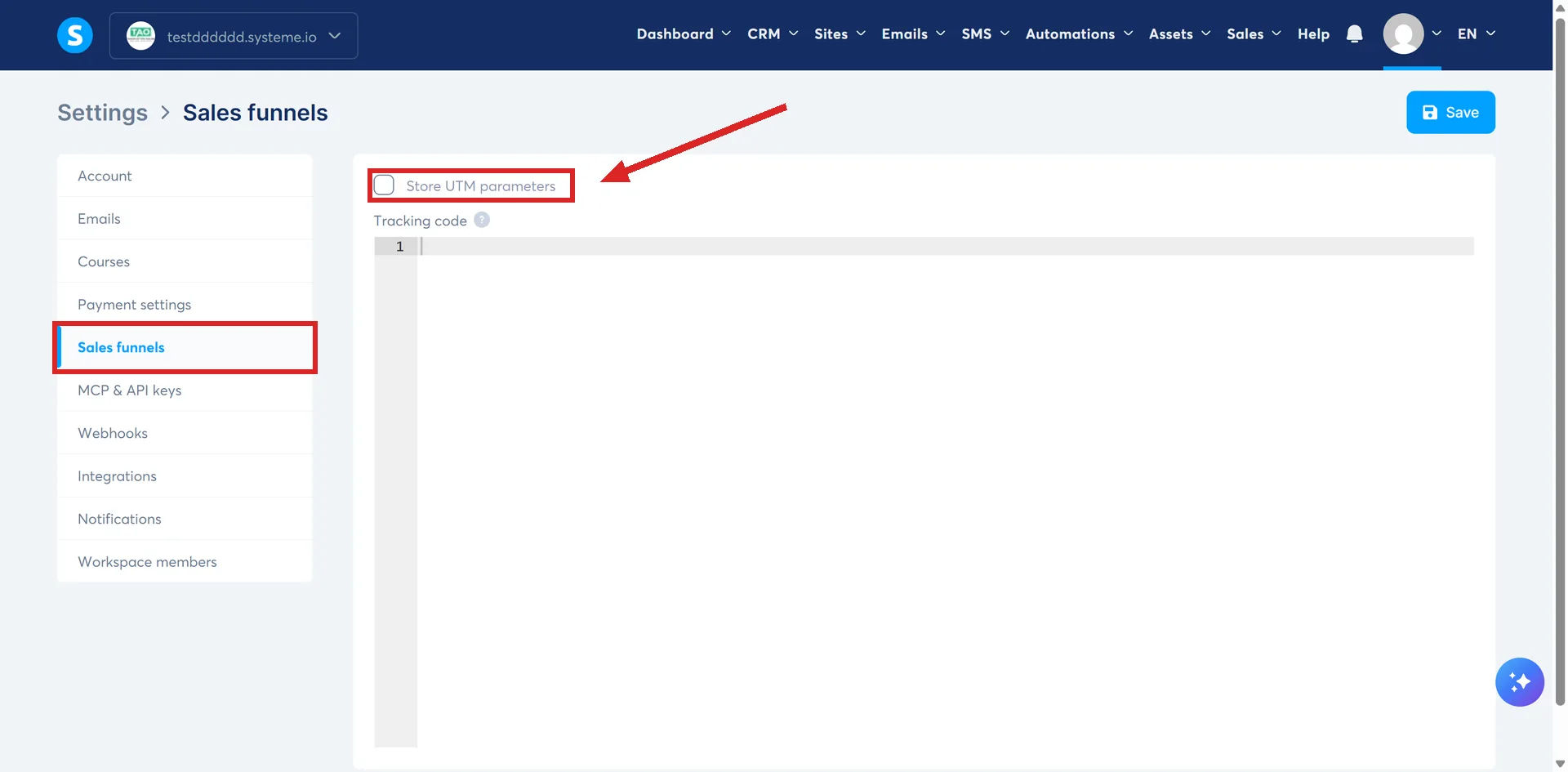 The Sales funnels page under Settings in systeme.io, with the Store UTM parameters tick box highlighted.