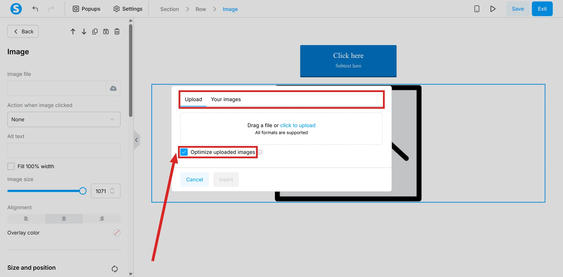 The systeme.io image upload window, with the Upload and Your images tabs and the Optimize uploaded images tick box highlighted.