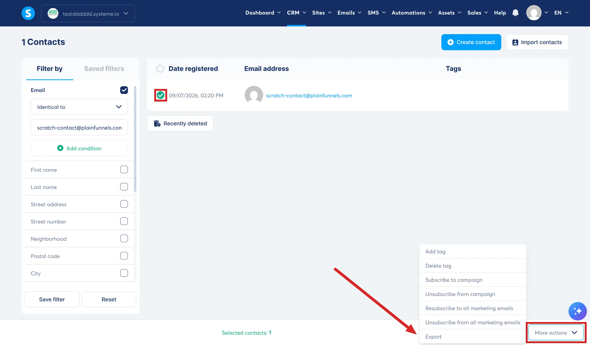 The systeme.io Contacts list with one contact selected, and the More actions menu open with Export highlighted.