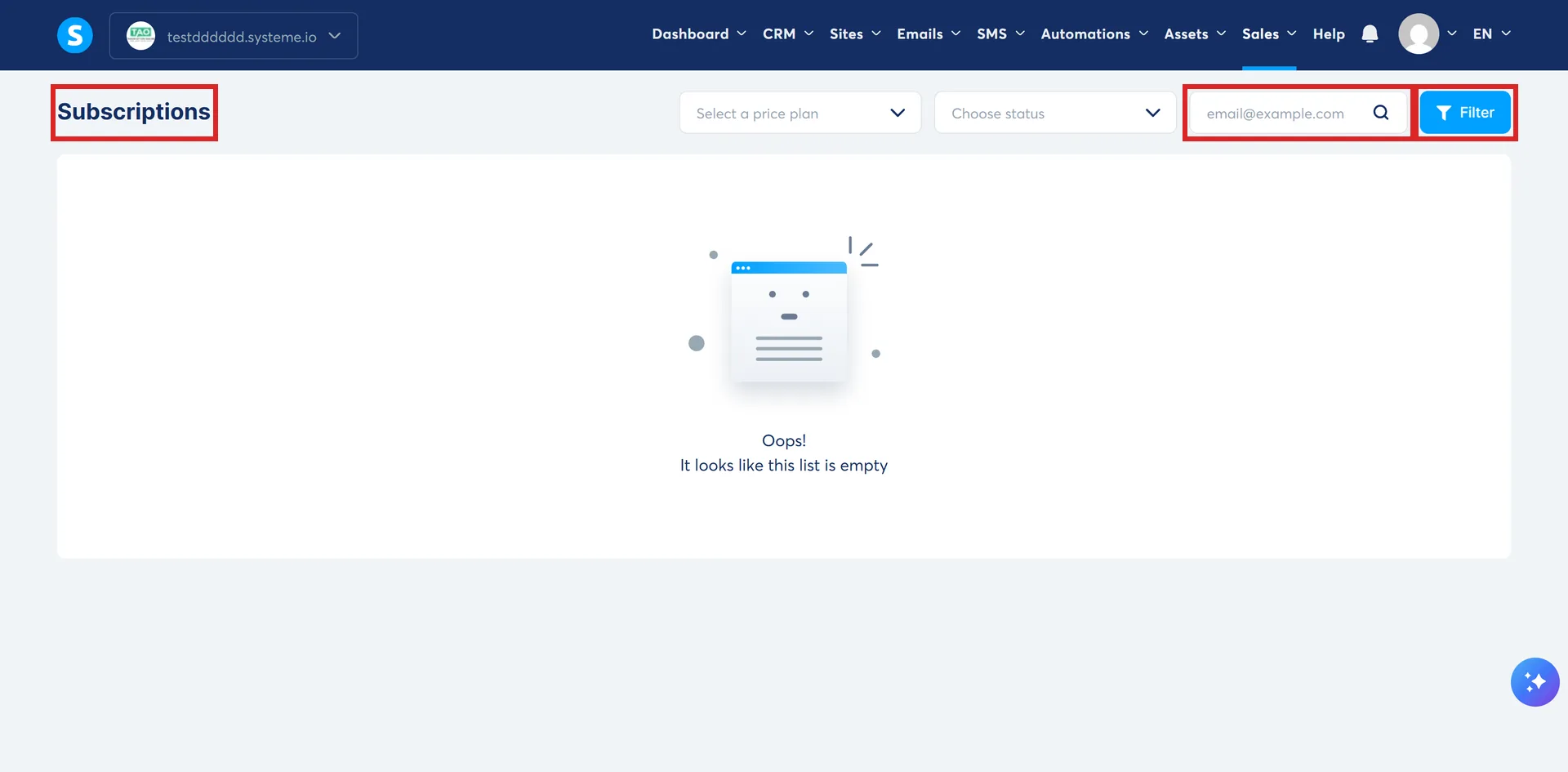 The Subscriptions page under Sales in systeme.io, with its heading, the email search field and the Filter button highlighted.