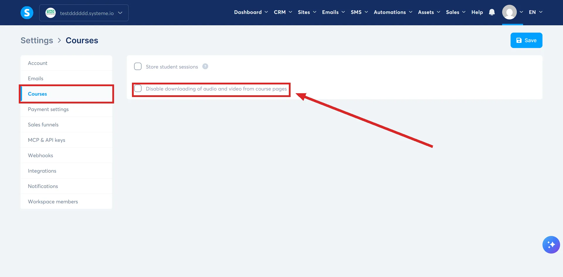 The Courses page under Settings in systeme.io, with the tick box that disables downloading of course audio and video highlighted.